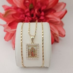 Lady Of Guadalupe Crystal Colored Image Gold Plated Necklace